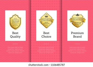 Best award golden offer premium quality labels super choice metal medals with crowns, vector illustrations set of posters with insignia isolated set