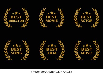 The Best award label. Awards logotype. Gold award wreaths on black background. Vector illustration.