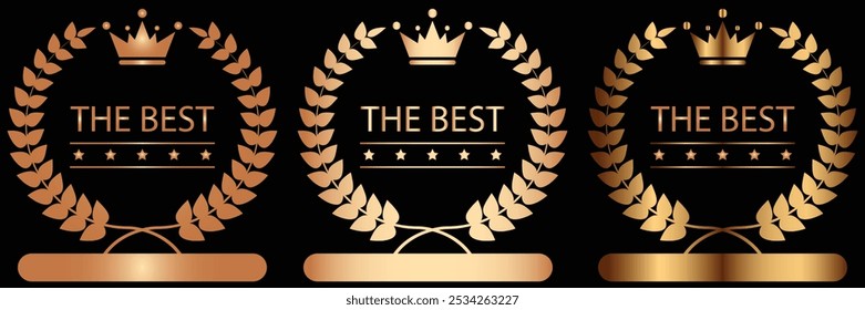 The Best award label. Gold Laurel wreath on black background with crown symbol. Best team potential and quality. Space for text. Templates for awards, accolades, certificates and diplomas. EPS Vector