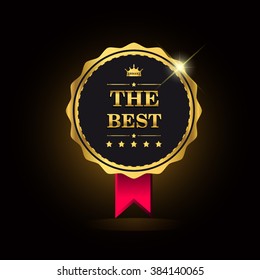 The Best award label golden colored with ribbon and crown, vector illustration.