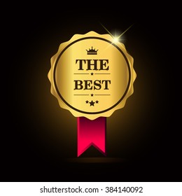 The Best award label golden colored with ribbon and crown, vector illustration.