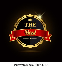 The Best award label golden colored with ribbon and crown, vector illustration.