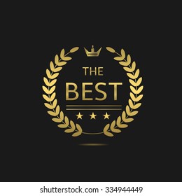 The Best Award Label. Golden Laurel Wreath With Crown Symbol