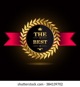 The Best award label. Golden laurel wreath with crown symbol.