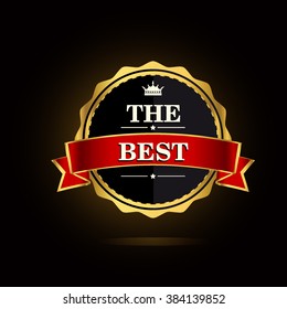 The Best award label. Golden ribbon with crown symbol.