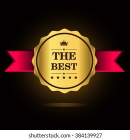 The Best award label. Golden ribbon with crown symbol.