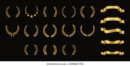Best award mega set Vector gold award laurel wreath set. Winner label, leaf symbol victory, triumph and success illustration set.