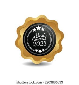 Best award Tage. Gold badges and labels, business vector design. Premium quality guarantee certificate, best choice product and seller award, 3d stamps, medals and ribbon rosettes with golden.