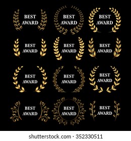 Best Award Vector Gold Award Laurel Wreath Set. Winner Label, Leaf Symbol Victory, Triumph And Success Illustration Set.