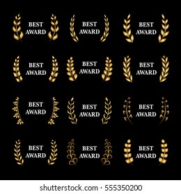 Best award Vector gold award laurel wreath set. Winner label, leaf symbol victory, triumph and success illustration set.