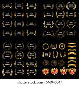 Best award Vector gold award laurel wreath set. Winner label, leaf symbol victory, triumph and success illustration set. Vector medieval golden shields laurel wreaths and badges collection 