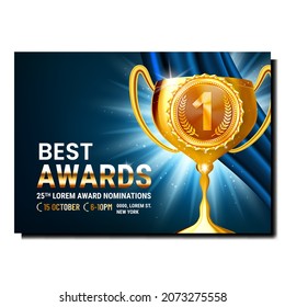 Best Awards Creative Promotional Poster Vector. Soccer Championship Winner Award Goblet On Advertising Banner. Sportive Competition Golden Trophy Style Concept Template Illustration