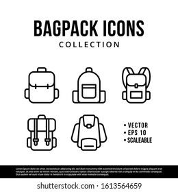 The best backpack icon set design. Collection of high quality vector illustration in trendy line style with black color. Suitable for many purposes.