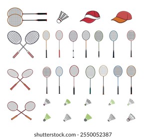 Um Melhor Conjunto De Coleção De Clip-Art De Ilustração De Vetor De Badminton, Raquete De Badminton Criativo Realista, Saco, Jogador, Morcego, Pena Todos Os Equipamentos Pacote De Jogo, Badminton Isolado Silhueta Clip Art.