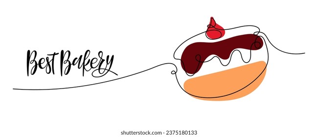 Best bakery banner. Continuous one line drawing doughnut with handwritten calligraphy lettering. Vector advertising emblem Best Bakery. Pastry donut with jam, sweet food for bakery, cafe menu