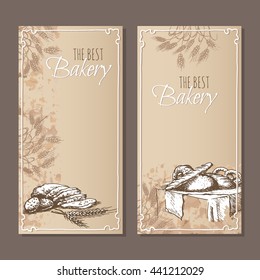 Best bakery cards. Menu cards for bread products of the restaurant, cafe or bakery with hand drawn sketches. Vector illustration.