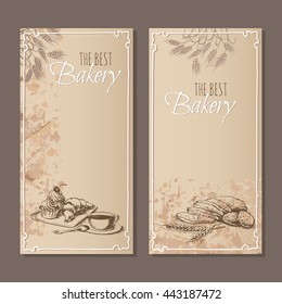 Best bakery cards. Menu cards for bread products of the restaurant, cafe or bakery with hand drawn sketches. Vector illustration.