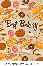 Best bakery - vector illustration with hand drawn coffee cups, cookies, donuts, pretzels,breads  and cakes