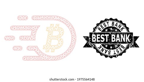 Best Bank dirty stamp seal and vector bitcoin mesh model. Black stamp includes Best Bank title inside ribbon and rosette. Abstract flat mesh bitcoin, built from flat mesh.