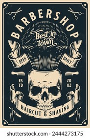 Best barbershop vintage flyer monochrome with skull and brush for applying shaving foam near year salon was founded vector illustration