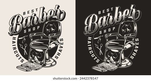 Best barbershop vintage poster monochrome for salon for care of men beards and hairstyles with chair for client vector illustration