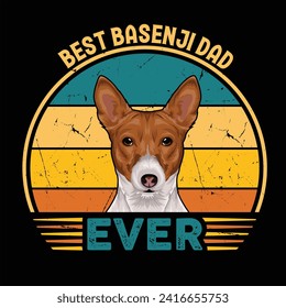 Best Basenji Dad Ever Typography Retro T-shirt Design. This versatile design is ideal for prints, t-shirts, mugs, posters, and many other tasks.
