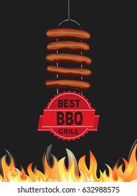 Best BBQ grill icon. Freehand drawn cartoon retro style poster. Grilled smoked sausages on metal fork skewers. Flaming grilling hot dogs. Vector template for outdoor barbecue picnic background