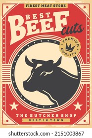 Best beef meat cuts and chops promotional poster design with bull or cow head silhouette. Butchery store advertisement. Food industry vector flyer.