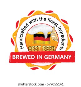 Best beer, brewed in Germany, Handcrafted with the finest ingredients - business stamp for catering, pubs, restaurants. Beverage advertising with thumbs up, beer, flag of Germany. Print colors used.