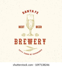 Best Beer Brewery Abstract Vector Sign, Symbol or Logo Template. Hand Drawn Retro Glass, Hops and Wheat with Classic Typography. Vintage Beer Emblem or Label with Shabby Texture. Isolated.