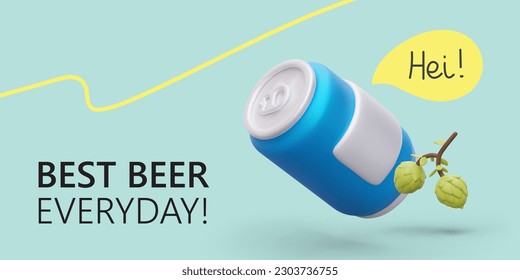 Best beer every day. Serving of fresh drink in can. Three dimensional image for promotion and sale of beer. Horizontal template with space for text. Banner for summer bright advertising