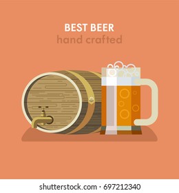 Best beer hand crafted.  Beer mug and keg of beer. Vector illustration.