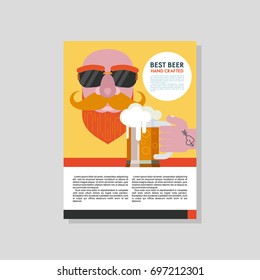 Best beer handmade. A bald man with a beard in sunglasses and a beer at the tattooed hand. Colorful vector illustration with place for text.
