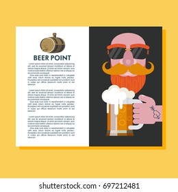 Best beer handmade. Colorful vector illustration with place for text. A bald man with a beard in sunglasses and a beer at the tattooed hand.