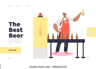 Best beer production landing page concept with beer bottling process at brewery factory and cartoon male character brewer holding glass of fresh beer. Flat vector illustration