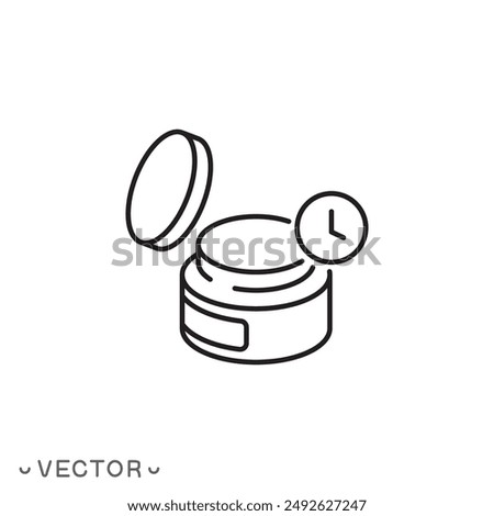 best before date icon, open cosmetic jar, with open packaging, product time life, thin line symbol isolated on white background, editable stroke eps 10 vector illustration