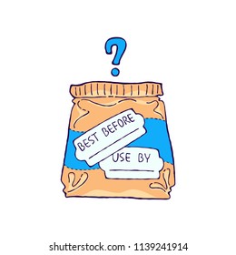 'Best before' and 'use by' expiration date confusion. Vector illustration. Food waste doodle concept design. 