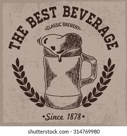 The best beverage label with hand drawn mug with beer