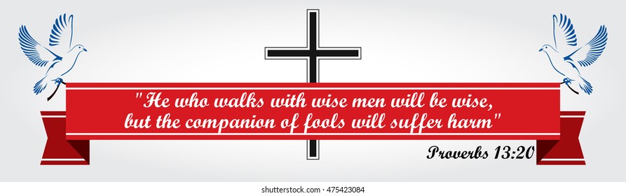 Best Bible verses everyone should know. Two Doves flying with a red ribbon. Dove Of Peace. Vector illustration.