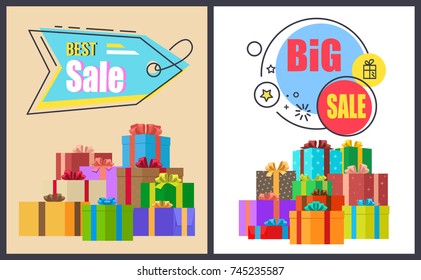 Best big sale advertisement labels on banners with piles of gift boxes, round and arrow shape stickers with info about discounts vector illustration set