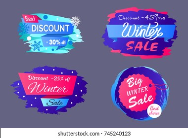 Best big winter discount promotion with four colorful icy tags on gray background. Vector illustration with signs decorated by snowflakes