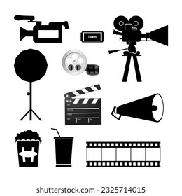 Beste Schwarz-Weiß-Kino-Film-Entertainment-Clip Art Icon Set Vorlage. Film Studio Building Interior Vector Flat Illustration. Schwarzer Rundfilm und Premium-Vektorset mit weißem Hintergrund.