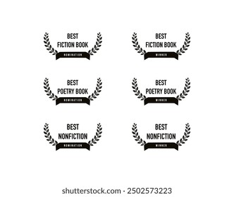 Best book award: fiction, nonfiction, poetry. Vector logo set black and white for winner or nomination