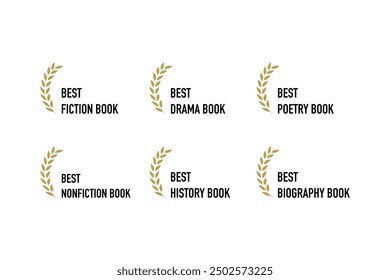 Premio al mejor libro: ficción, no ficción, poesía, drama, historia, biografía. Logo de Vector con insignias de oro para el ganador o la nominación