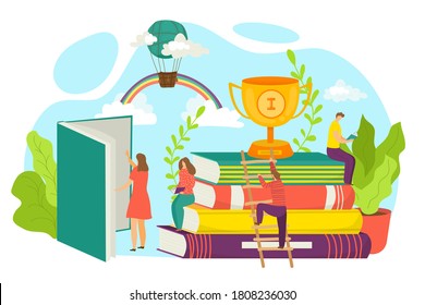 Mejor concepto de libro, ilustración vectorial. Libros de superventas. Pila de libros y copa de trofeo. Pila de libros coloridos. Símbolo educativo, Día del libro mundial. Ganadora de librerías, mejor vendedora.
