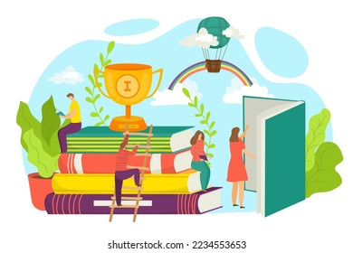 Best book concept, vector illustration. Bestseller books. Stack of books and prize winner cup. Pile of colorful books. Educational world book day.