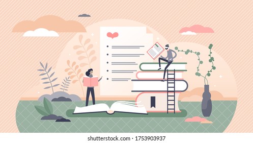 Best Books List Vector Illustration. Top Favorite Literature Sheet Flat Tiny Persons Concept. Feedback Ranking Winners Graphic Analysis From Readers Marks, Votes And Ratings. Quality Literary Work.