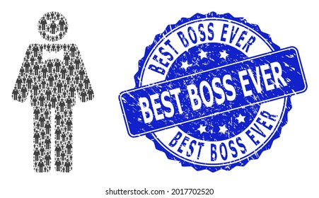 Mejor Jefe siempre corrosión de la impresión de focas redondas y composición recursiva vectorial feliz mister. El sello azul contiene el título de Best Boss Ever dentro de la forma redonda.