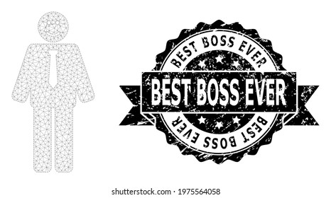 Best Boss Ever corroded stamp seal and vector happy boss mesh model. Black stamp seal has Best Boss Ever title inside ribbon and rosette. Abstract 2d mesh happy boss, created from flat mesh.