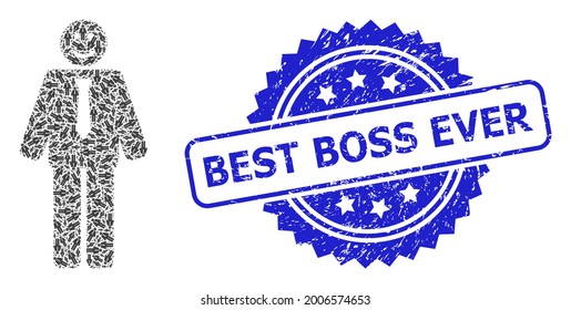 Best Boss Ever corroded stamp seal and vector recursive mosaic happy boss. Blue stamp seal includes Best Boss Ever tag inside rosette.